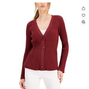 Alfani Chunky Ribbed Cardigan - Fitted - Maroon/Rose - Size Large